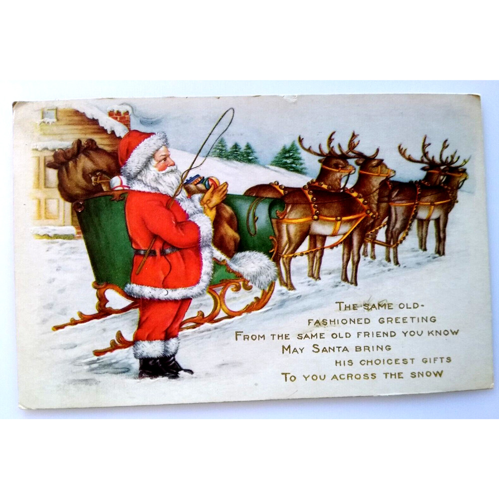 Christmas Postcard Santa Claus With Reindeer Sled Toys Whitney 1919 Embossed